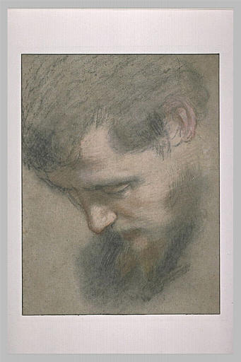 Tête d'homme barbu, de profil, penchée, regardant vers le bas