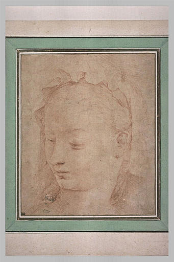 Tête de femme, de trois quarts, tournée vers la gauche, coiffée d'un bonnet