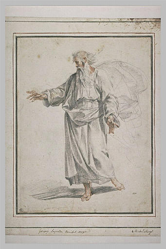 Le Père Eternel debout, vu de profil tourné vers la gauche, avançant le bras