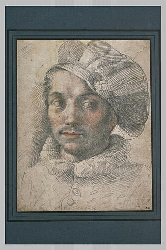 Tête d'homme, vue de face, coiffé d'un bonnet