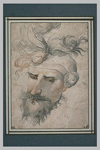Tête de guerrier, coiffé d'un casque surmonté d'un panache