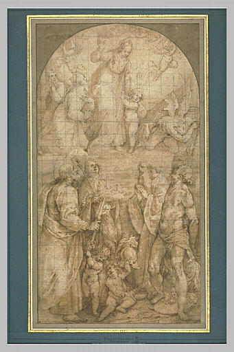 Vierge à l'enfant terrassant le démon en présence de plusieurs saints