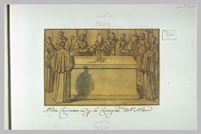 L'évêque verse sur la pierre de l'autel, le contenu de deux burettes