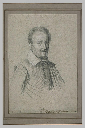 Portrait d'homme vu en buste : cheveux courts relevés, barbe pointue