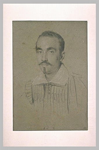 Portrait d'homme vu de face : moustache et royale, cheveux courts