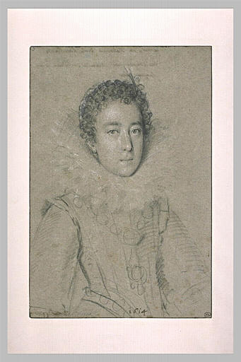 Portrait de femme vue à mi-corps : cheveux frisés, large collerette