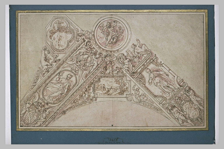 Décoration d'angle pour un plafond, avec un petit paysage campagnard