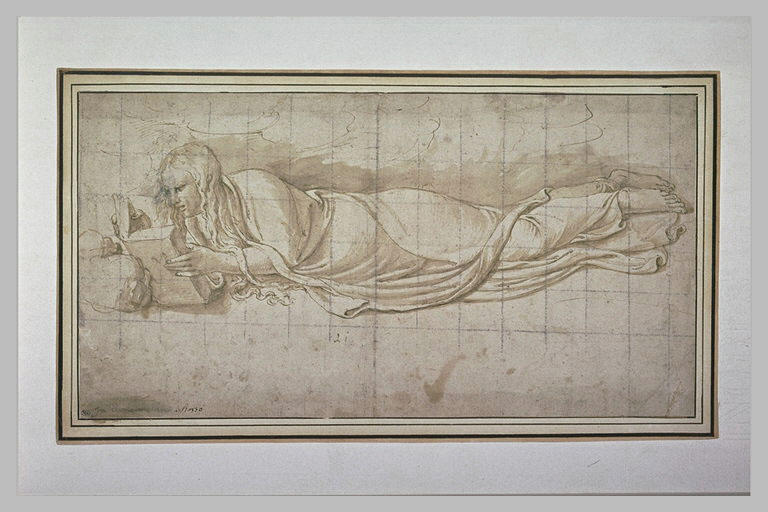 Sainte Madeleine pénitente couchée à terre, les cheveux épars, lisant