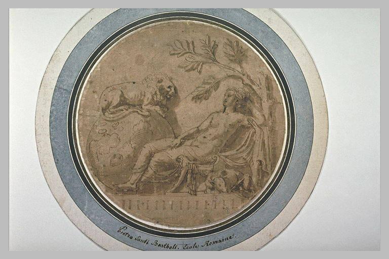 Femme assise, endormie près d'un lion couché sur le globe terrestre