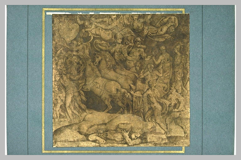 Triomphe d'un héros assis sur un trône placé dans un char