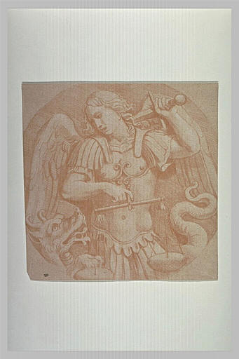 Saint Michel, tenant la balance, menace de son épée le dragon