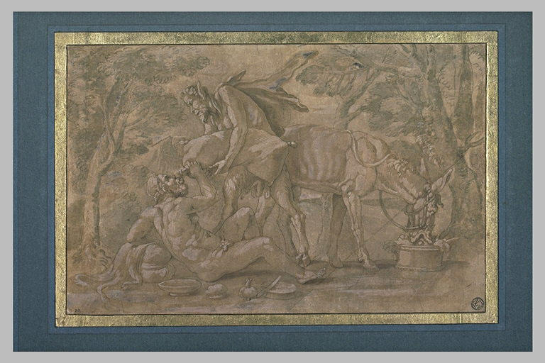 Un satyre debout donne à boire à Silène couché à terre