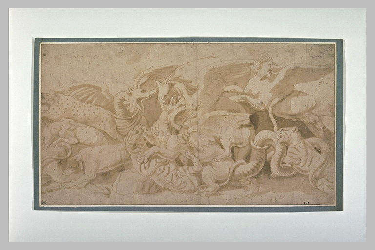 Combat de chiens et de panthères contre des dragons ailés et un sphynx