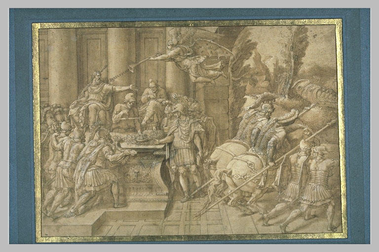 Un roi assis sur un trône fait distribuer de l'argent à ses généraux