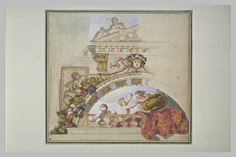 Projet d'architecture : trois enfants dans une lunette, ange sur entablement