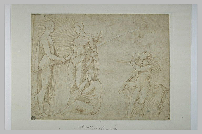 Homme nu tenant la main à Mercure ; femme assise ; enfant ailé et une chèvre