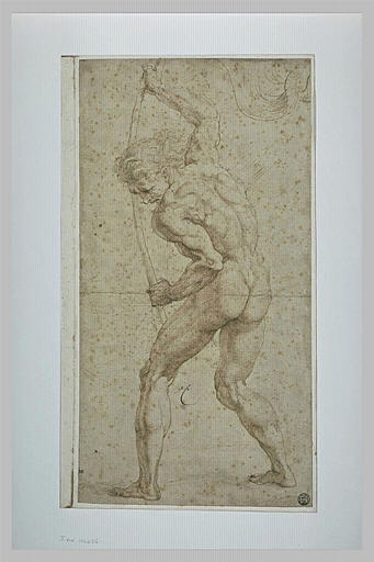 Homme nu tenant la hampe d'un étendard