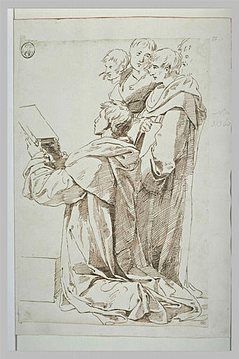 Cinq hommes drapés, quatre debout, le cinquième agenouillé tenant un livre