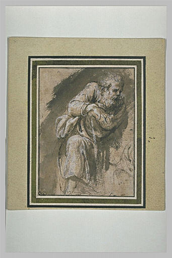 Vieil homme barbu, drapé, appuyé sur un bâton