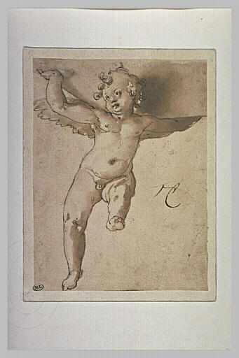 Un ange volant, vu de face et soutenant un globe