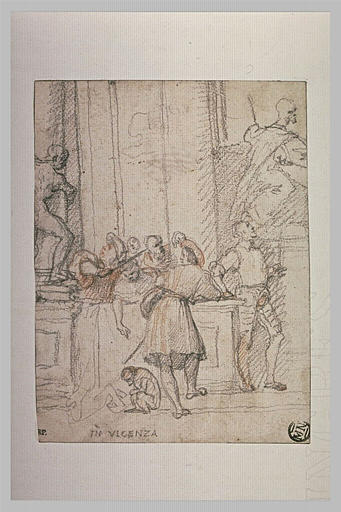 Personnages devant un monument, à Vicence