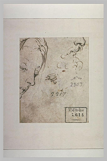 Fragment d'une tête de femme, et bas du visage d'un homme barbu, de profil