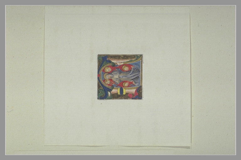 Lettre majuscule N avec une figure de sainte et quatre cherubins