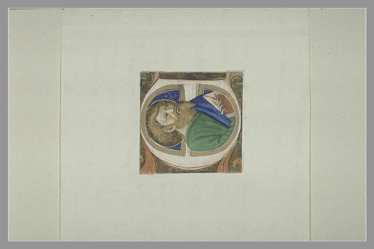 Lettre majuscule E avec une figure de saint