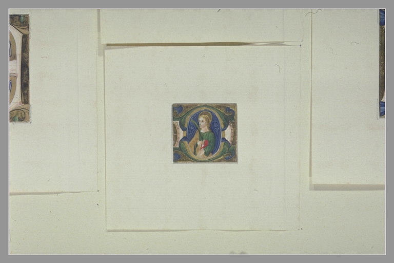 Lettre majuscule G avec une figure de saint