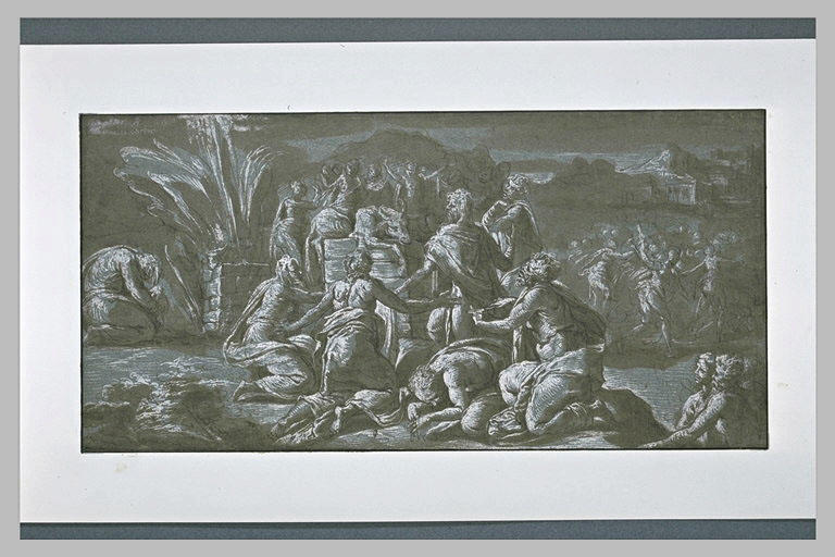 Scène de sacrifice : de nombreuses figures entourent un veau sur un autel