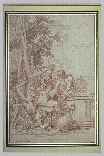 Trois satyres soutenant Silène pour le plonger dans une cuve