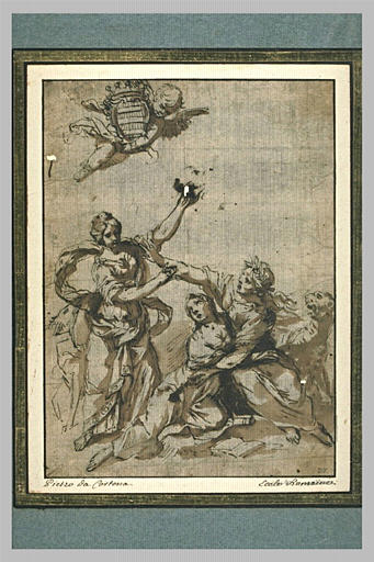 Allégorie : deux femmes se protegeant d'une autre et un ange avec un blason