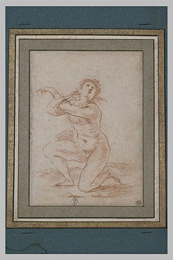 Un homme nu, genou droit à terre, tête en arrière