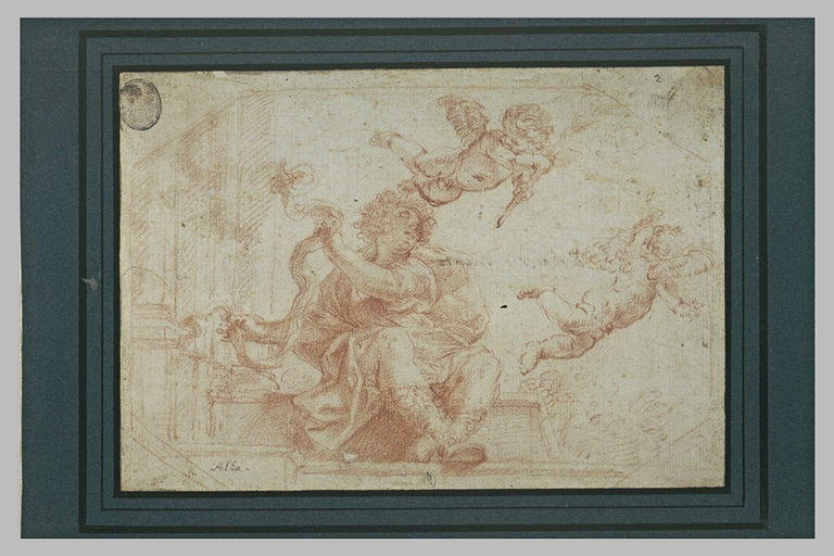 Un jeune homme assis et deux amours planant à droite