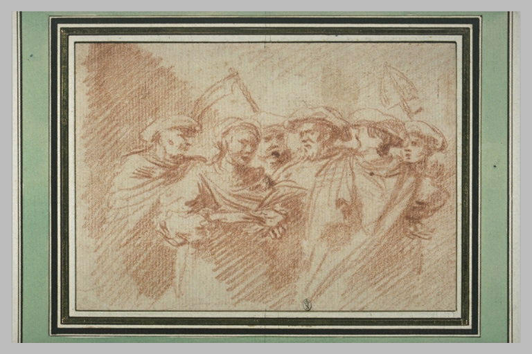 Cinq figures groupées près d'une diseuse de bonne aventure