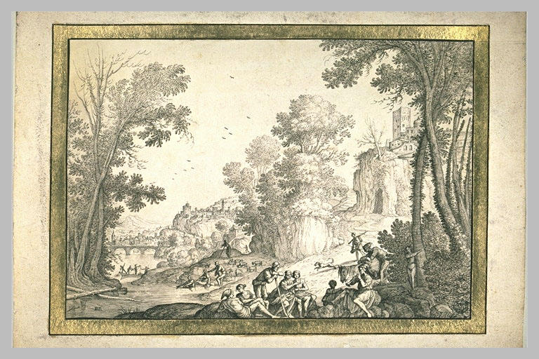 Figures écoutant un musicien dans un paysage boisé, avec une ville au loin