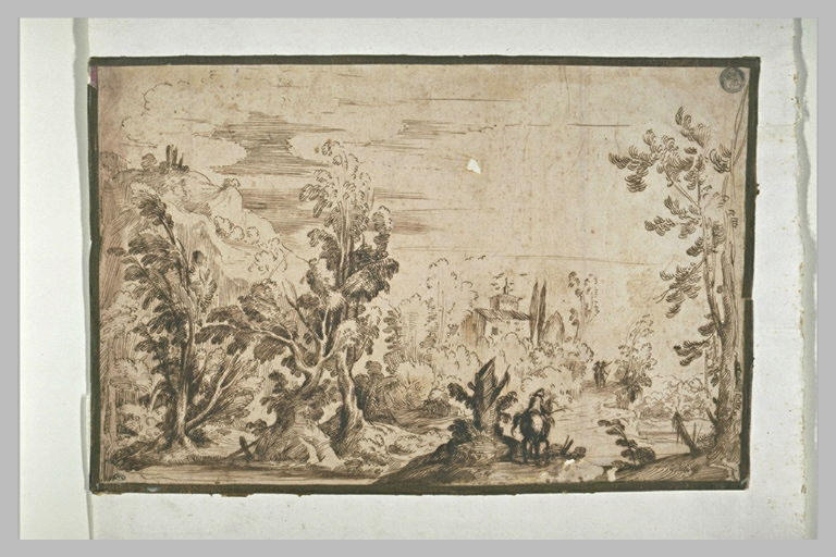 Paysage boisé avec une maison vers laquelle se dirige un cavalier