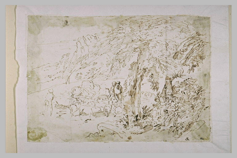 Paysage avec un berger conduisant un troupeau et deux figures