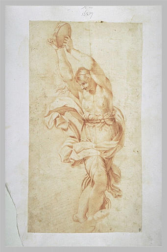 Femme à demi nue, jouant du tambourin et dansant