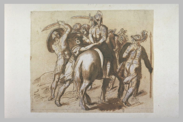 Plusieurs guerriers entourant un autre guerrier à cheval, prisonnier