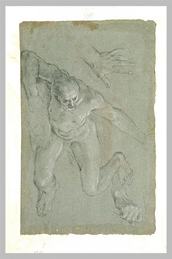 Homme nu, renversé à terre, et deux mains