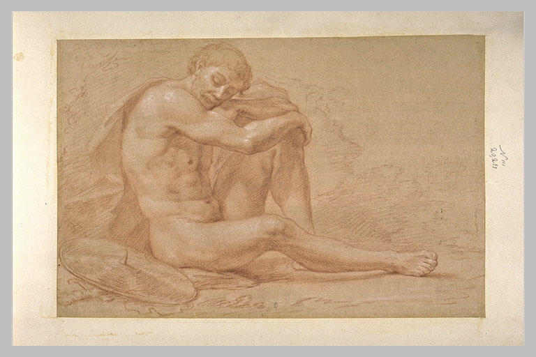 Homme nu, assis à terre, endormi près d'un bouclier