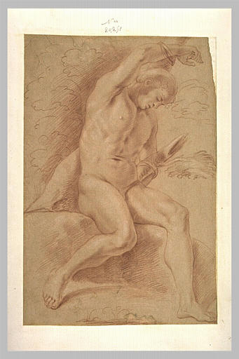 Homme nu, assis, attaché par les bras à un tronc d'arbre