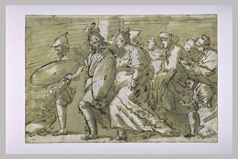 Des femmes suivant deux guerriers