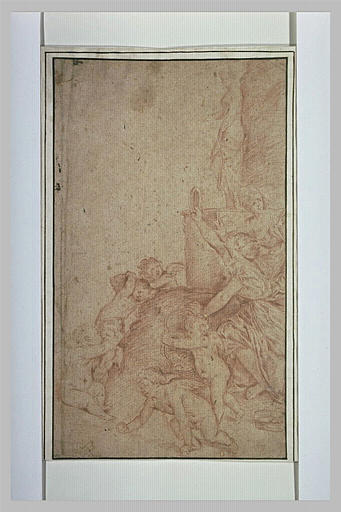 Femme brandissant un miroir devant une statue, et des amours jouant