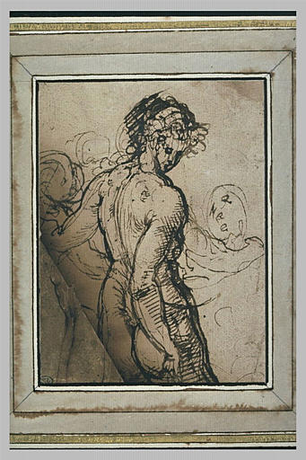 Demi-figure de femme nue, debout, de dos et esquisse de deux autres figures