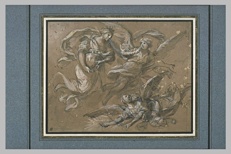 Deux anges et une sainte portés par des anges : sainte Madeleine (? )