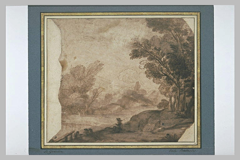 Paysage avec une figure assise, tenant un bâton, devant une étendue d'eau