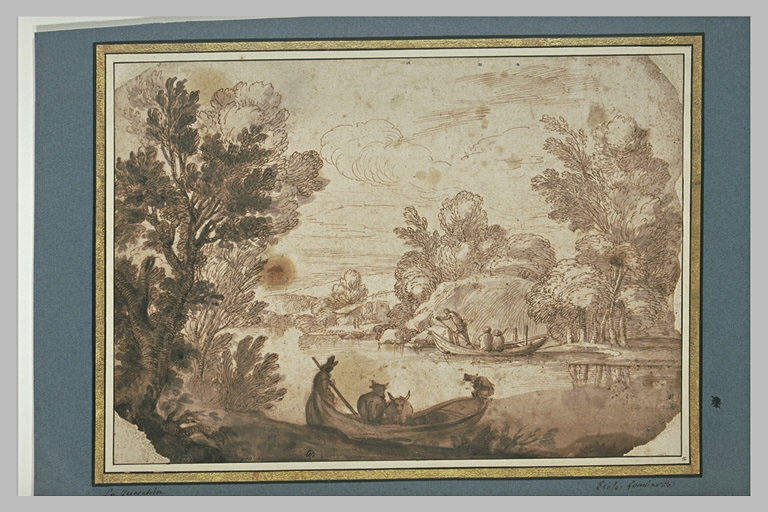 Paysage avec des barques transportant des hommes et des vaches sur l'eau