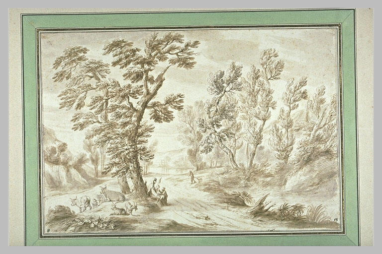 Paysage avec au pied d'un chêne une bergère et un enfant